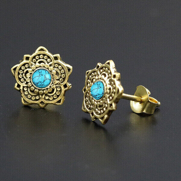 OLLY Mandala Stud Earrings in Gold with Turquoise or Onyx | 18 gauge