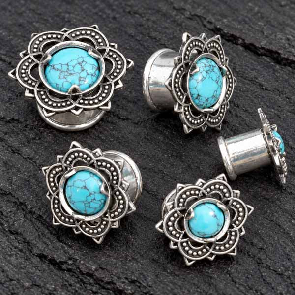 Lotus Flower Saddle Plugs in White Brass & Turquoise | 4mm to 25mm gauge