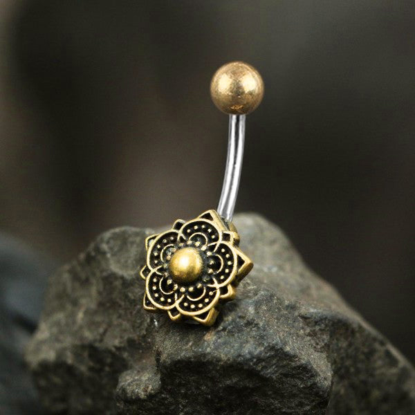 Lotus Mandala Belly Piercing Ring in Gold | 14 gauge