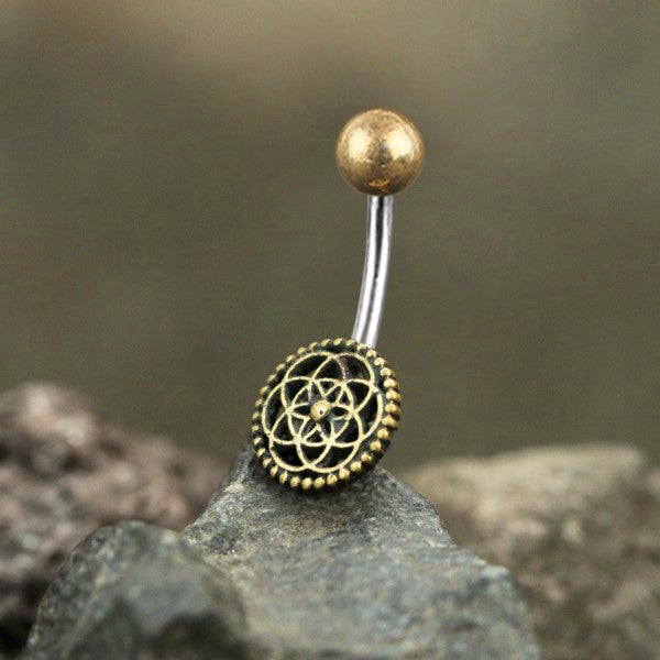 Flower of Life Belly Piercing Ring in Gold | 14 gauge