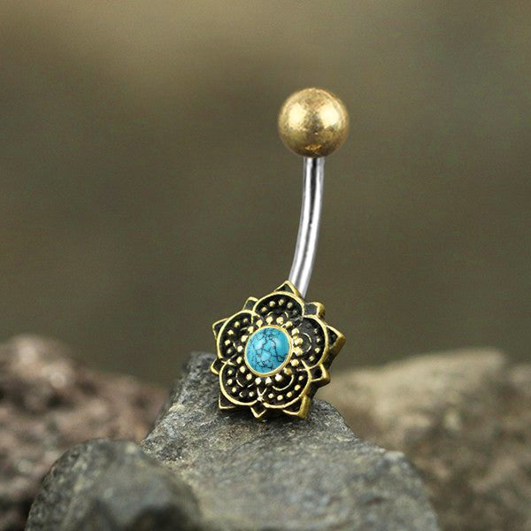 BLUE LOTUS Flower Belly Piercing Ring in Gold with Turquoise | 14 ga