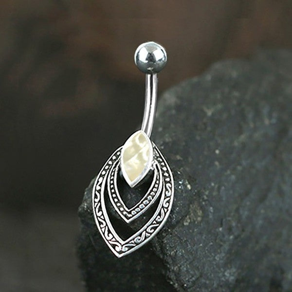 IBASA Marquise Belly Piercing Ring in Silver & Mother of Pearl | 14 gauge