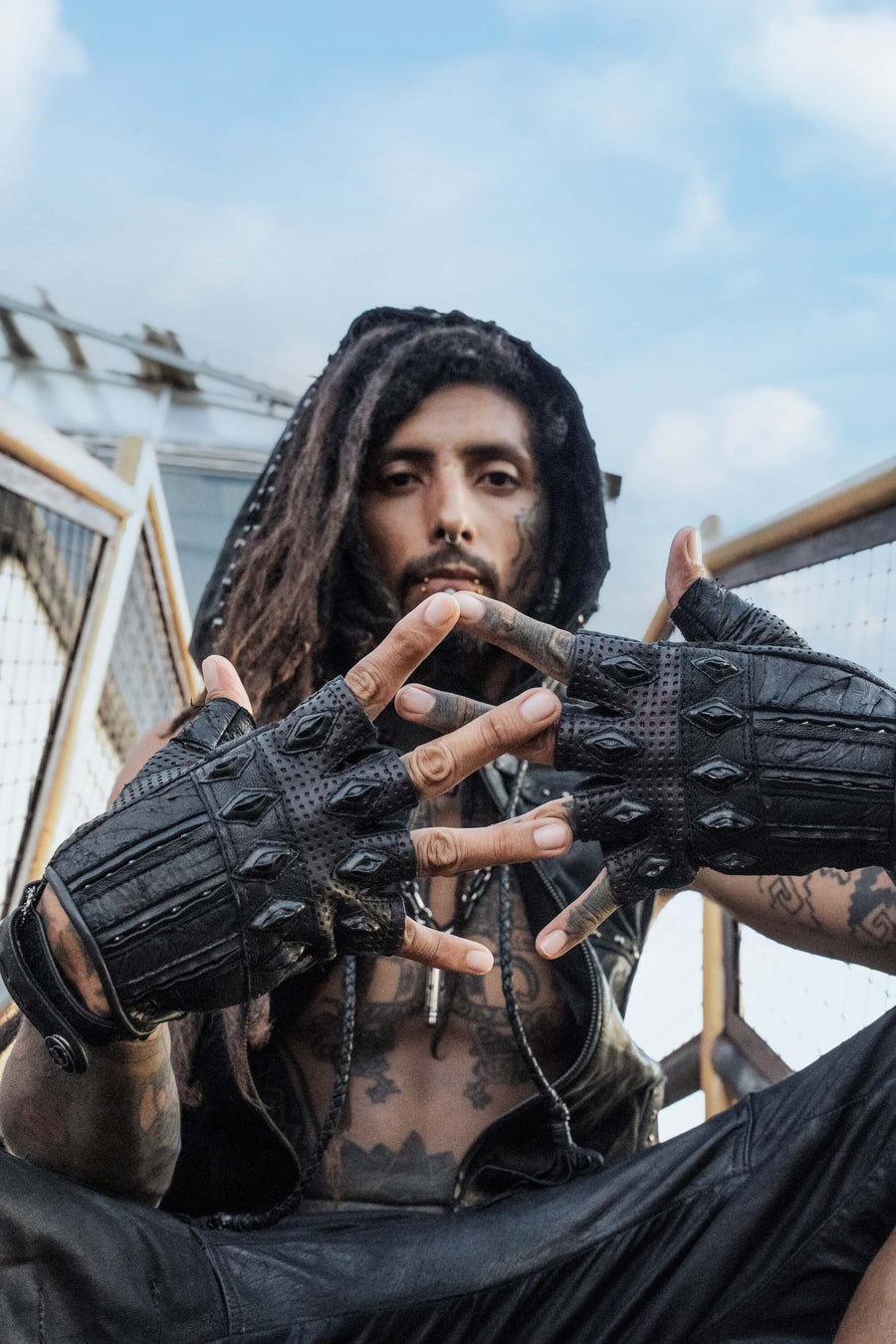 DZALA Black Genuine Leather Fingerless Gloves | Stud Knuckles
