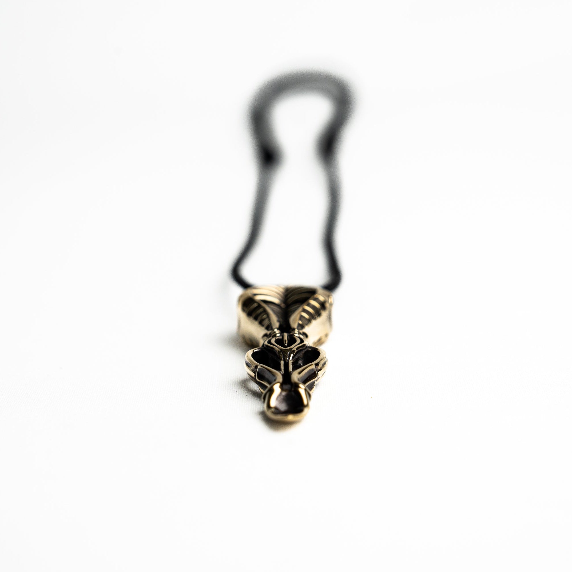 Close-up of the brass spoon pendant, highlighting its biomechanical details and the smooth, polished finish.