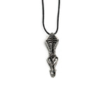 Sleek Streling Silver spoon pendant with biomechanical and cyberpunk design elements, hanging from a minimalist black cord.
