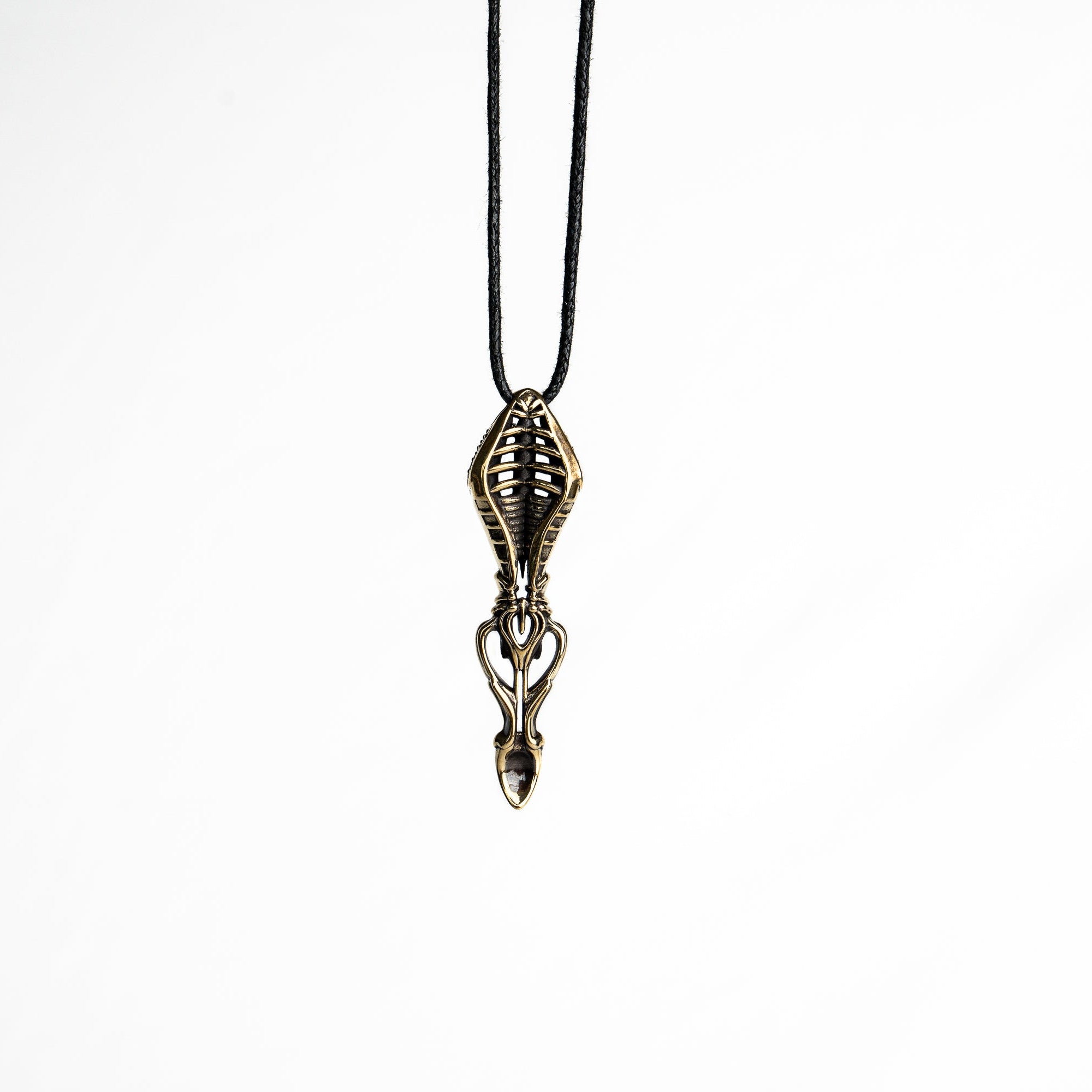 Brass biomechanical pendant with a ribbed exoskeleton design, inspired by futuristic and gothic aesthetics, suspended on a black cord.