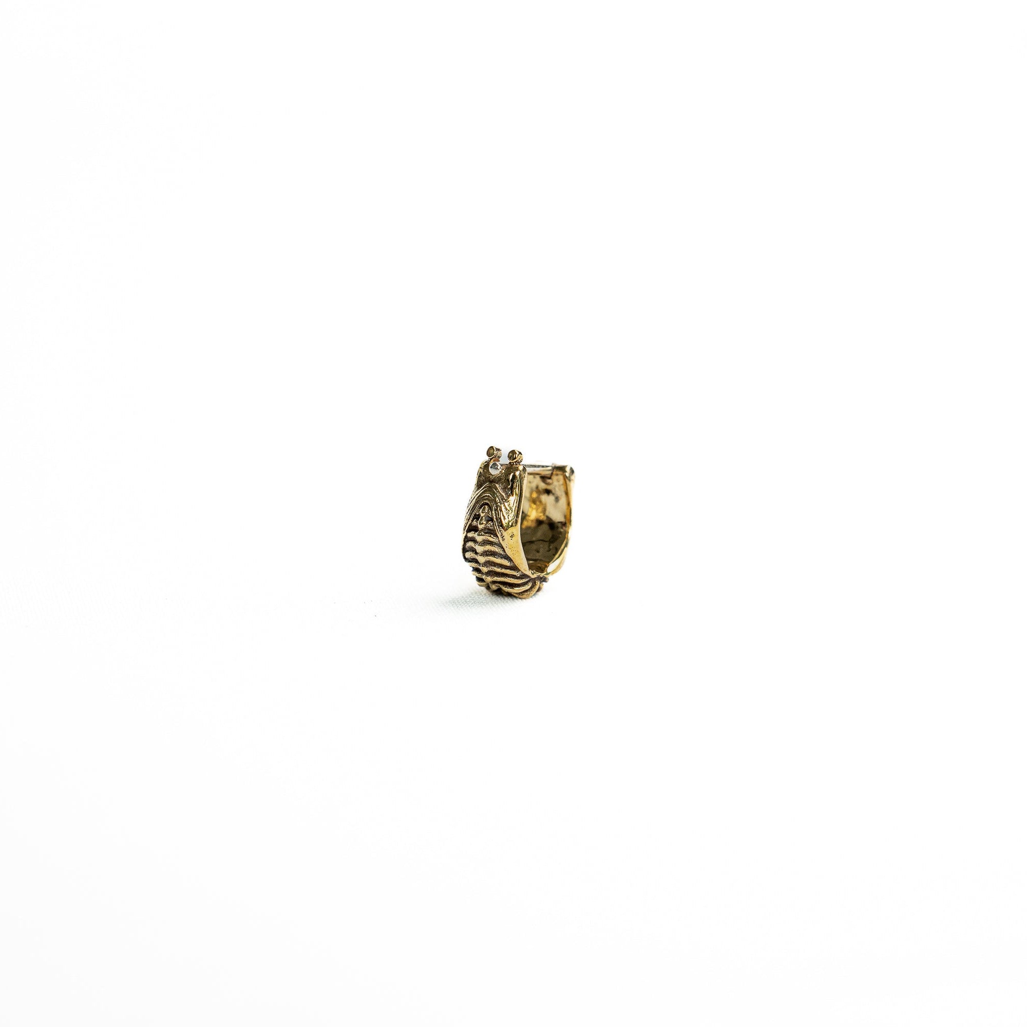 A brass bio-organic septum ring positioned upright, showcasing its circular shape, hinge mechanism, and detailed carving.