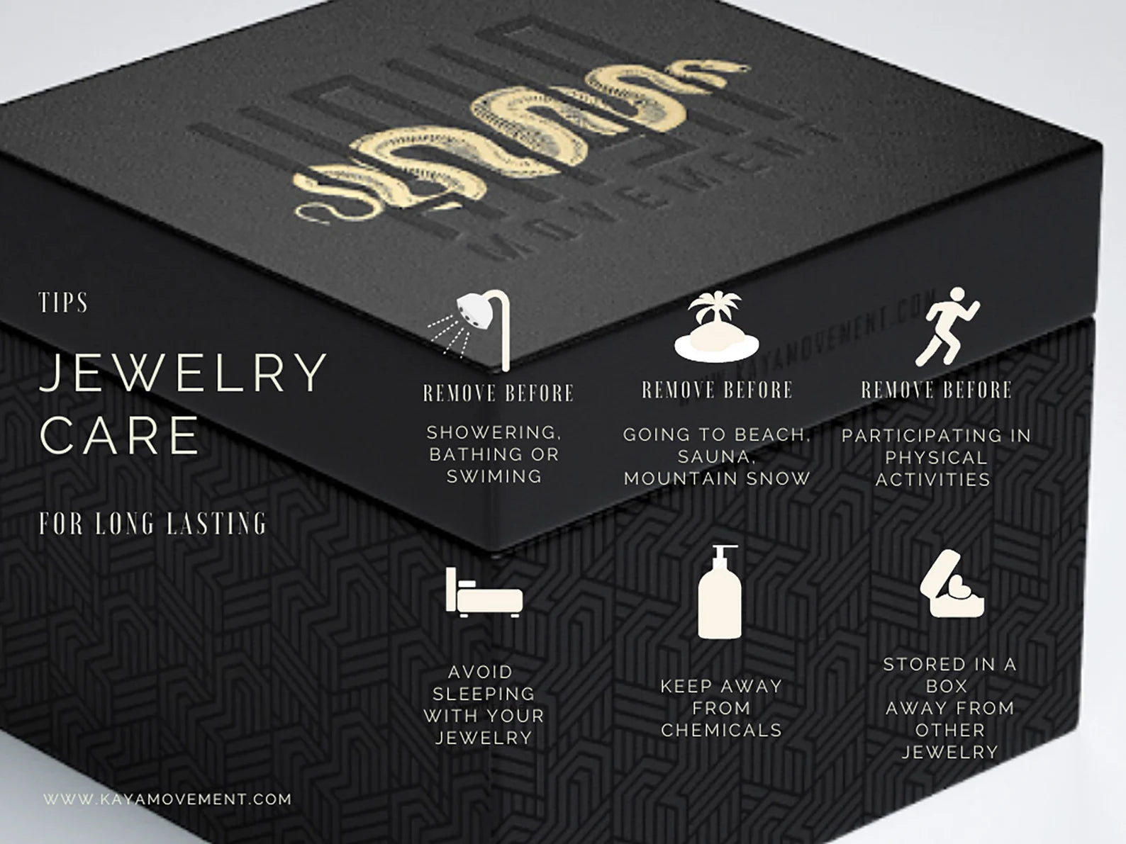 A stylish black jewelry box featuring the "Kaya Movement" brand and a golden snake emblem on the lid. The box includes text that reads, "Jewelry Care Tips for Long-Lasting Futuristic Body Jewelry," offering guidelines to remove jewelry before washing, exercise, or exposure to chemicals; avoid sleeping in it; and store in the box. This is an ideal storage solution for TERA Futuristic Sci Fi Flesh Tunnels in Silver Brass ranging from 8mm to 20mm.