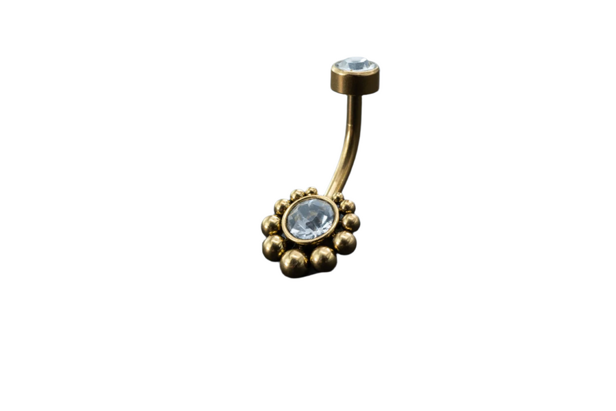 18K Gold Navel Ring, Crystal & CZ Belly Barbell, Hypoallergenic Discreet Piercing, Allergy-Friendly Body Jewelry