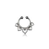 Introducing the Kaya Movement's elegant "Solara" Fake Septum, a no-pierce nose jewelry piece crafted from 925 pure silver. This delicate nose ring showcases a crescent shape adorned with an exquisite Mandala-inspired floral pattern featuring five petal-like motifs extending outward. The tips of the ring are designed with small circular ends for easy insertion.