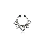 Introducing the Kaya Movement's elegant "Solara" Fake Septum, a no-pierce nose jewelry piece crafted from 925 pure silver. This delicate nose ring showcases a crescent shape adorned with an exquisite Mandala-inspired floral pattern featuring five petal-like motifs extending outward. The tips of the ring are designed with small circular ends for easy insertion.