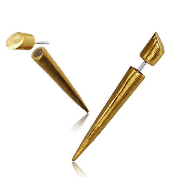 A pair of Kaya Movement PIKA Fake Talon Gauge Earrings in Gold with a 925 Silver Post, designed in a chic tribal boho style. These 20-gauge earrings feature an elongated cone shape with a detachable cylindrical clasp for secure wear. The polished, reflective finish gives the appearance of a large spike piercing.
