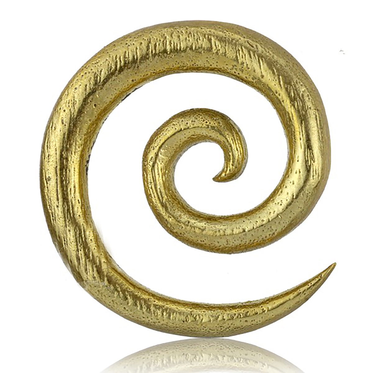 The SPIRAL Minimalist Ear Weights in Gold by Kaya Movement feature a textured, golden spiral design that tapers inward towards the center. The intricate detailing of these 00 gauge ear weights gives them a shimmering effect, adding an elegant and sophisticated touch.