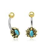 Introducing the LIOSA Marquise Belly Piercing Ring in Gold & Turquoise by Kaya Movement. This pair of 14 gauge curved barbell belly button rings features exquisite gold-tone flower designs with stunning turquoise gemstone centers. Crafted from surgical steel, the barbells have metal stems with elegant gold-tone ball ends, making them a perfect addition to any navel jewelry collection.