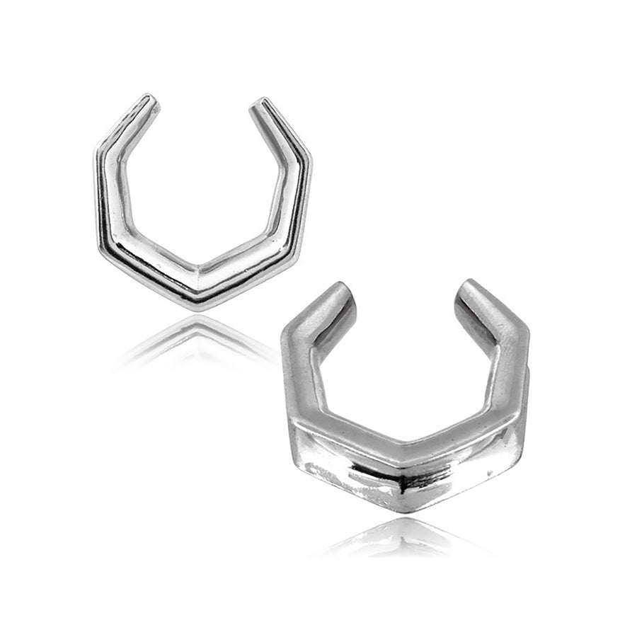 A pair of OCTAGON Minimalist Saddle Tunnels in Silver by Kaya Movement is displayed against a white background. The sleek design features an open octagon shape with a polished finish, creating a modern and sophisticated look. Crafted from stainless steel, the reflective surface emphasizes the geometric form of these contemporary tunnels, available in sizes ranging from 6mm to 25mm / 2g to 1 inch.