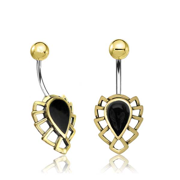 Displayed is the OSALI Marquise Belly Piercing Ring in Gold & Black Pearl by Kaya Movement. Each 14-gauge ring features a curved barbell with a gold ball at one end, crafted from surgical steel. The lower end showcases a black teardrop-shaped gem encased in an intricate geometric, web-like gold frame, adding to the jewelry's detailed appearance.