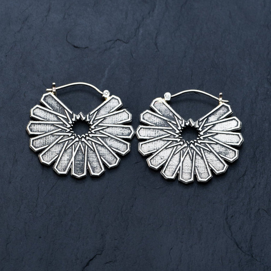 MOSAIC Ethnic Mandala Disc Hoop Earrings in Silver | 16 gauge