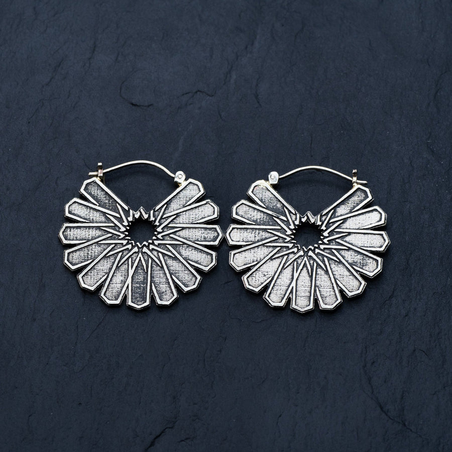 MOSAIC Ethnic Mandala Disc Hoop Earrings in Silver | 16 gauge