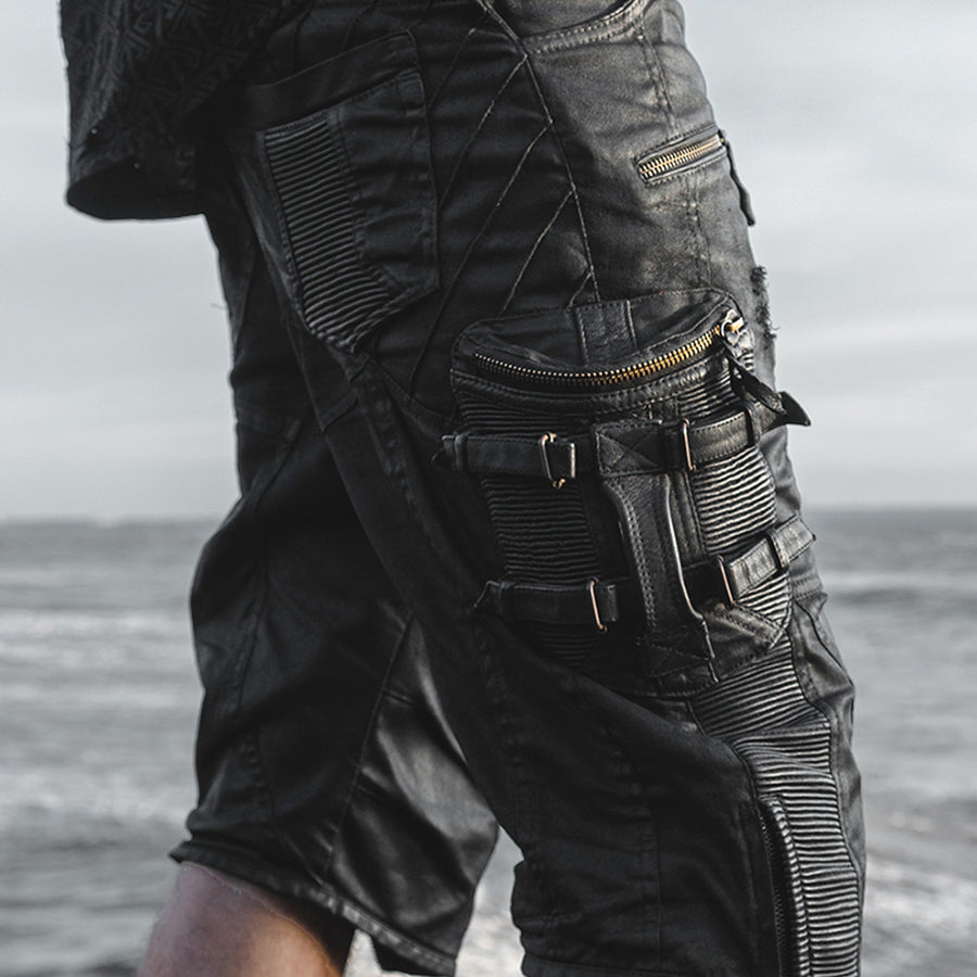 TELOS-242 Waxed Black Tactical Cargo 3/4 Pants | Grunge Texture