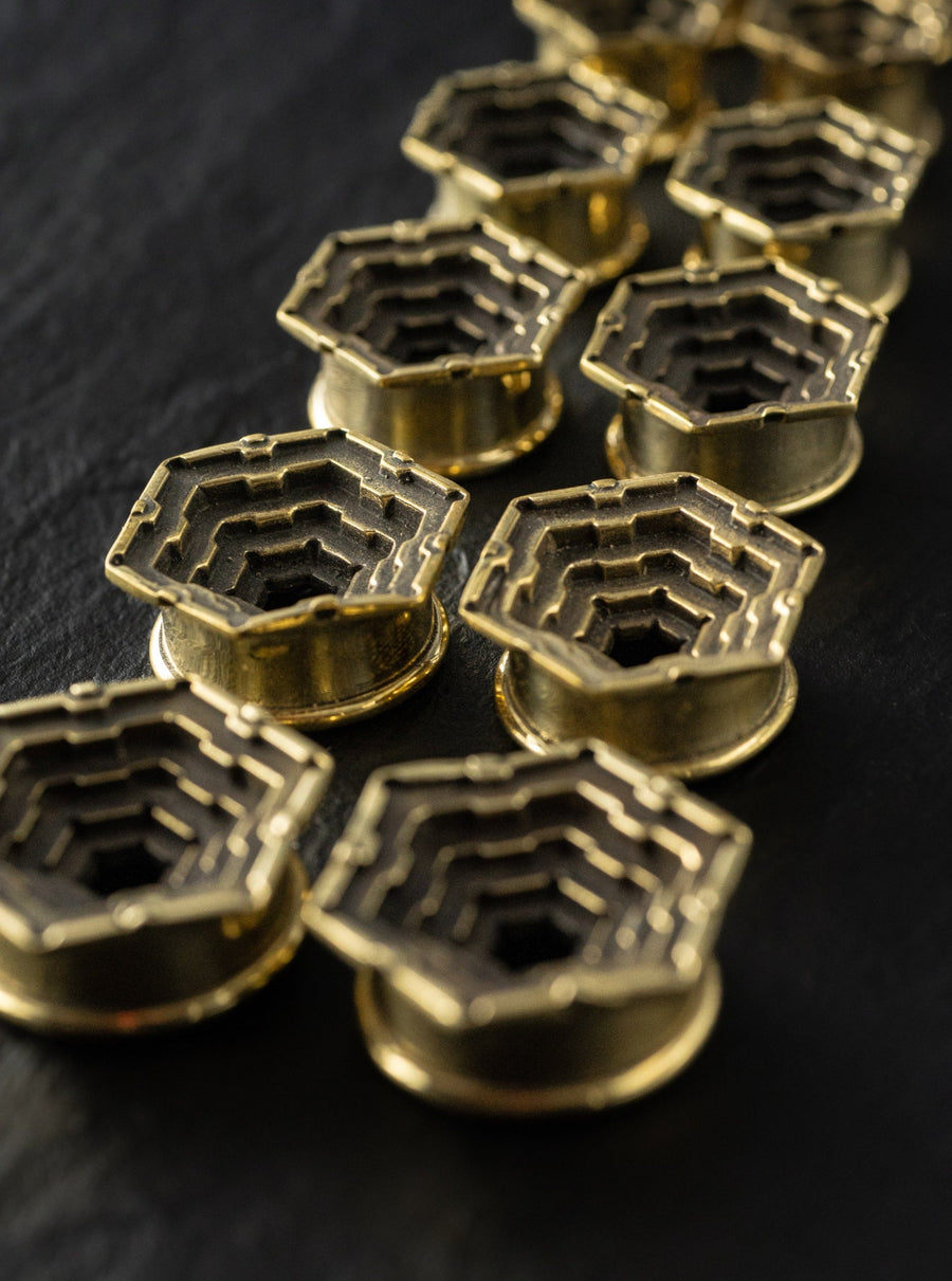 HEXA Futuristic Geometry Hexagon Flesh Tunnels en Or | 12mm à 24mm