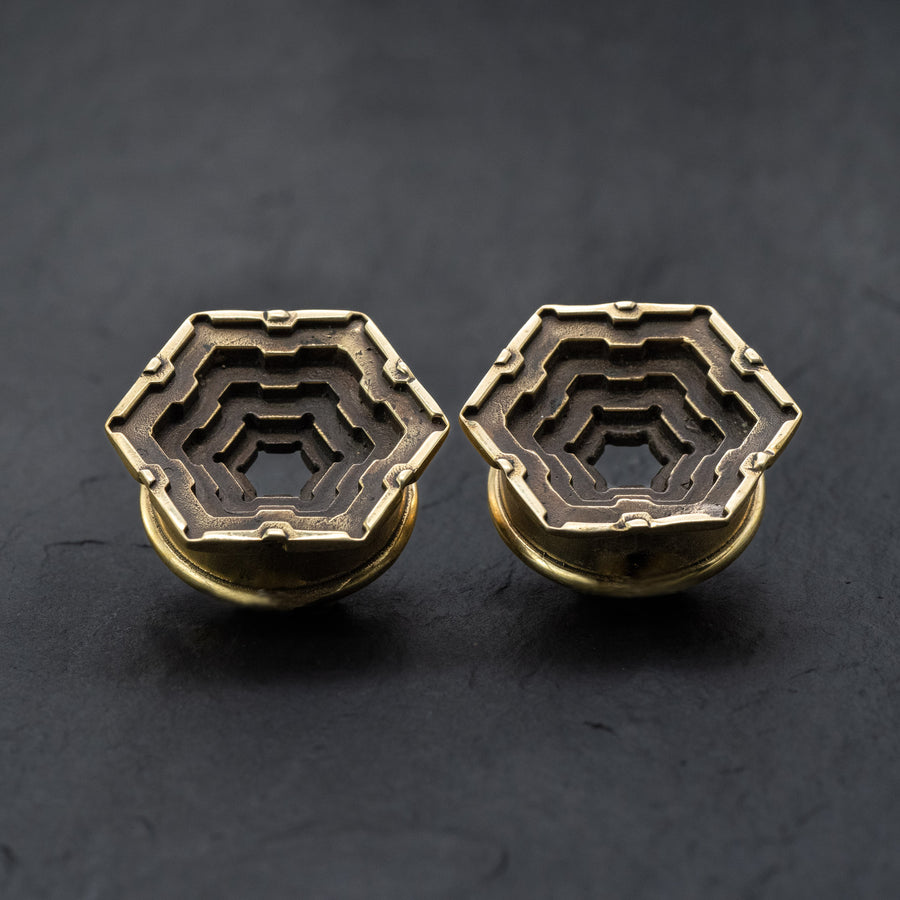 HEXA Futuristic Geometry Hexagon Flesh Tunnels en Or | 12mm à 24mm