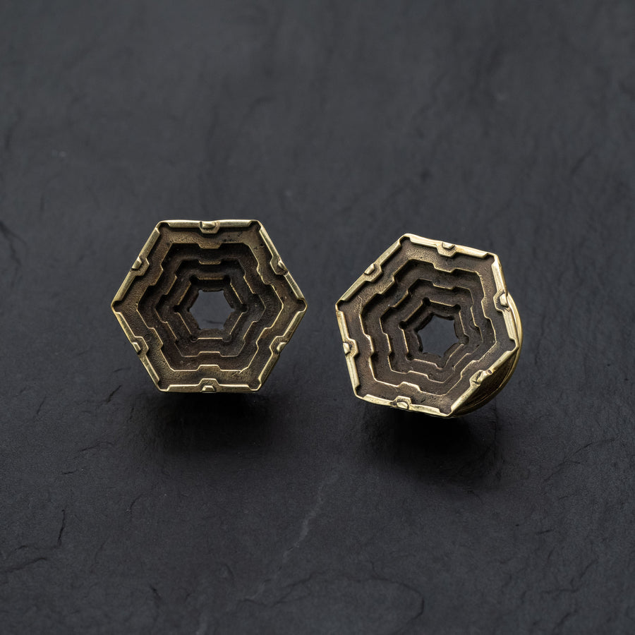 HEXA Futuristic Geometry Hexagon Flesh Tunnels in Gold | 12mm to 24mm