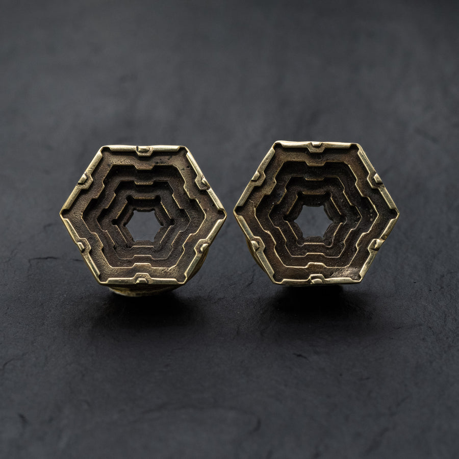 HEXA Futuristic Geometry Hexagon Flesh Tunnels en Or | 12mm à 24mm