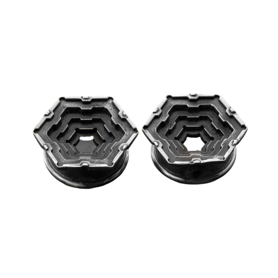 HEXA Futuristic Geometry Hexagon Flesh Tunnels en argent | 12mm à 24mm