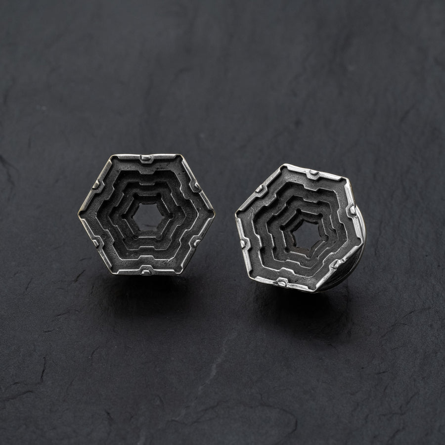 HEXA Futuristic Geometry Hexagon Flesh Tunnels en argent | 12mm à 24mm