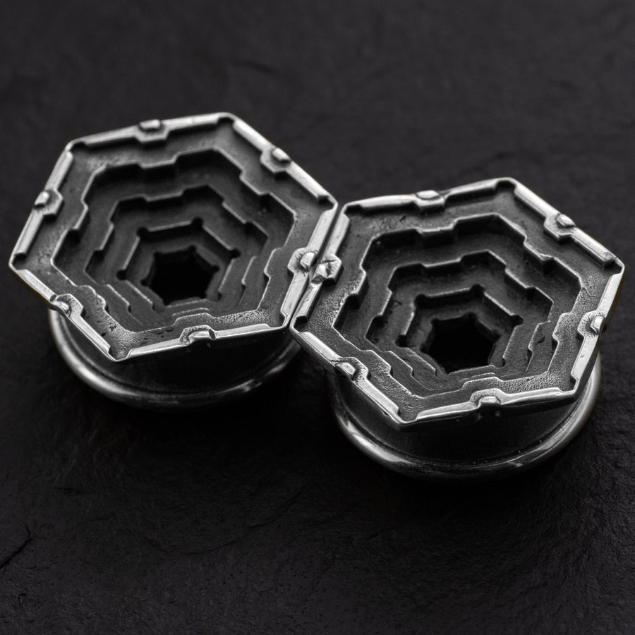 HEXA Futuristic Geometry Hexagon Flesh Tunnels en argent | 12mm à 24mm