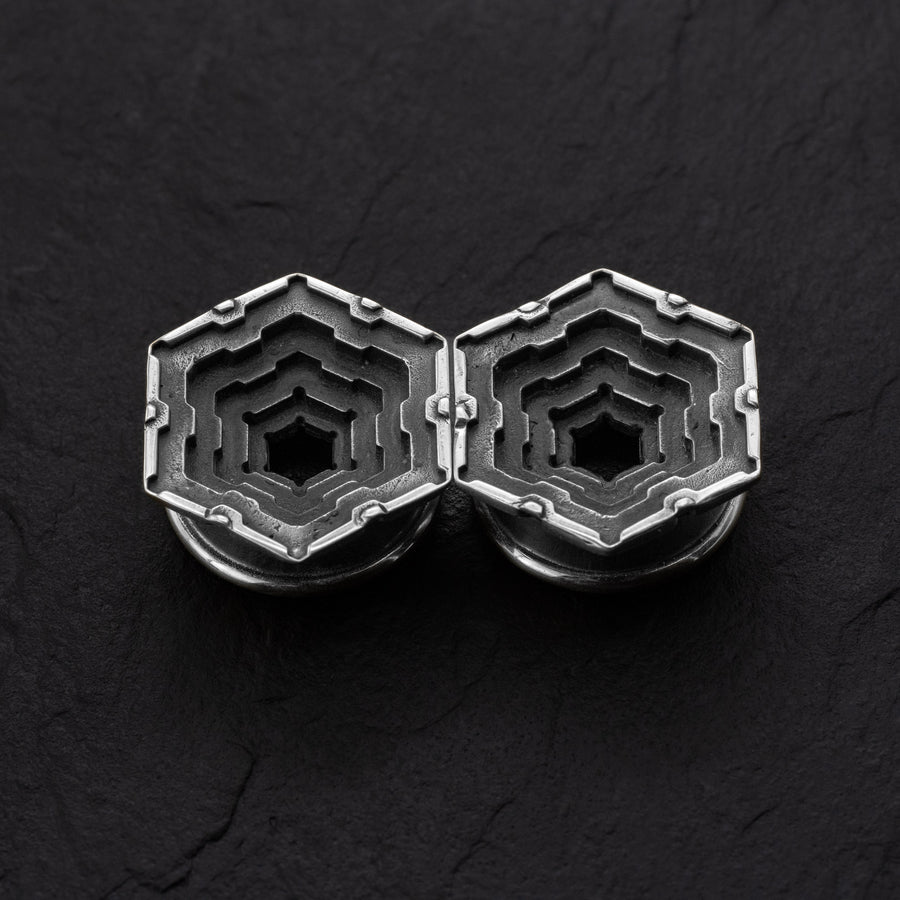 HEXA Futuristic Geometry Hexagon Flesh Tunnels en argent | 12mm à 24mm