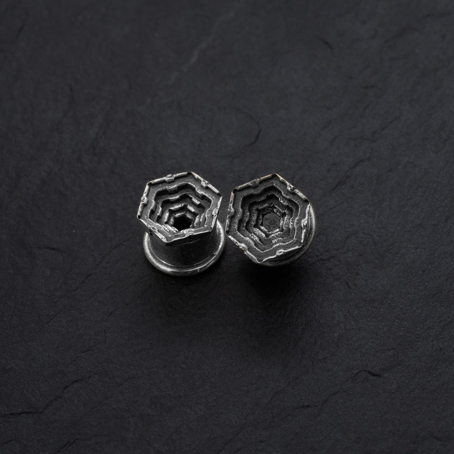 HEXA Futuristic Geometry Hexagon Flesh Tunnels en argent | 12mm à 24mm