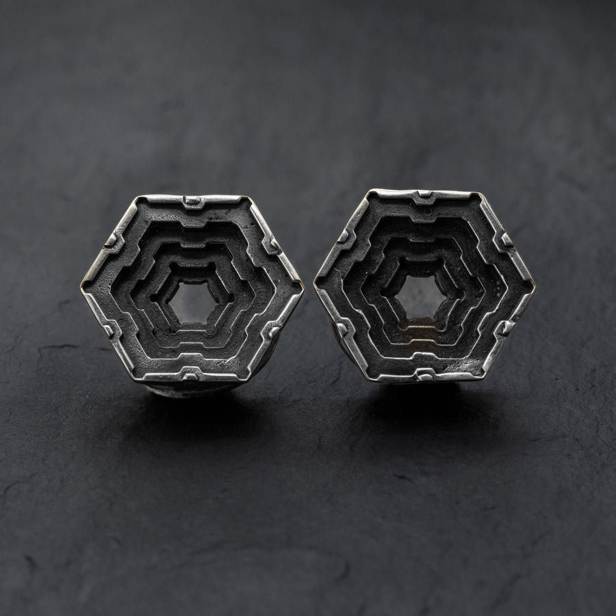 HEXA Futuristic Geometry Hexagon Flesh Tunnels en argent | 12mm à 24mm