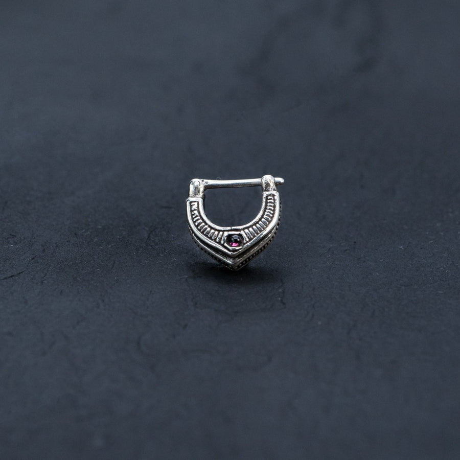 ELISIUM Cyborg Clicker Hoop Septum in Silver & Red Garnet | 18 gauge
