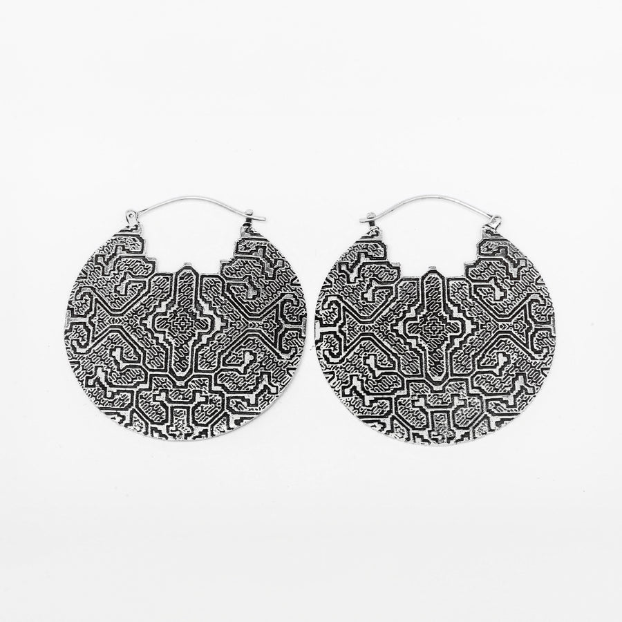 PANCHA Oversized Tribal Shipibo Disc Earrings in Silver | 16 gauge