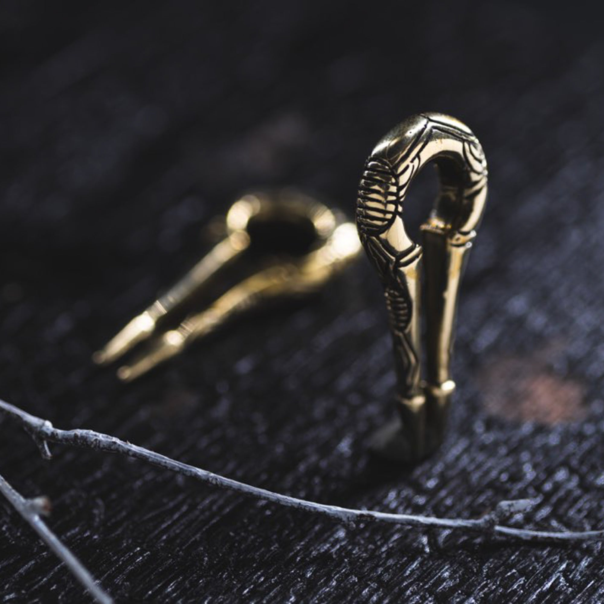 Two intricately designed EXRO Biomechanical Cyborg Keyhole Ear Weights in Gold Brass by Kaya Movement lie on a dark wooden surface. One ear weight is in focus, standing upright, while the other appears blurred in the background. Resembling unisex plug earrings, a twig rests in the foreground. The scene is softly lit, evoking an air of timeless elegance.