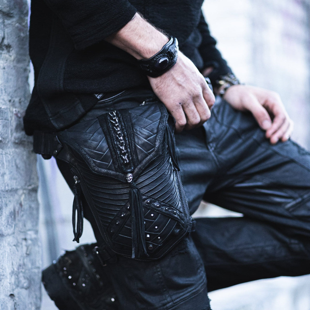 APOPHIS Post-Apocalyptic Leather Shoulder & Belt Bag | Black Studs