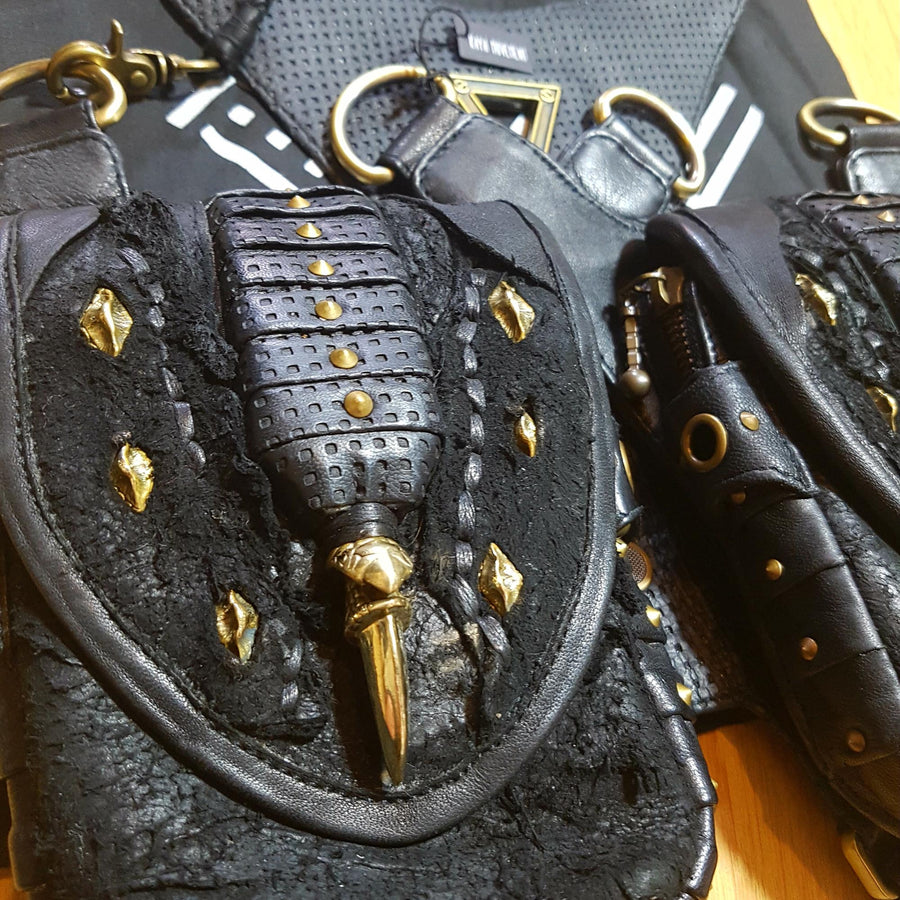 KOMODO Unisex Biomechanical Leather Vest Holster Bag | Gold Studs