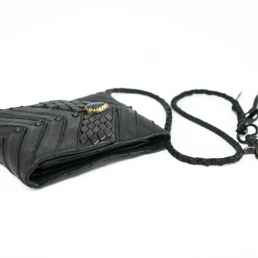 AMONI Black Stud Bi-Fold Flip Leather Wallet | Labradorite