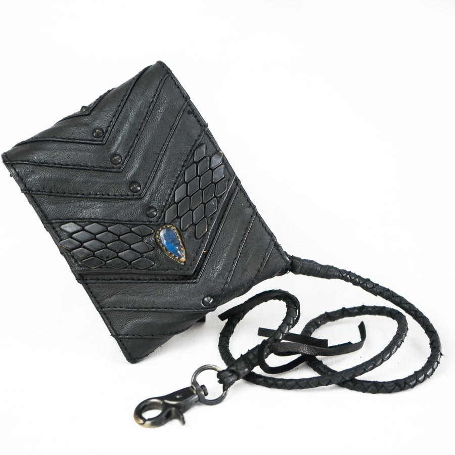 AMONI Black Stud Bi-Fold Flip Leather Wallet | Labradorite