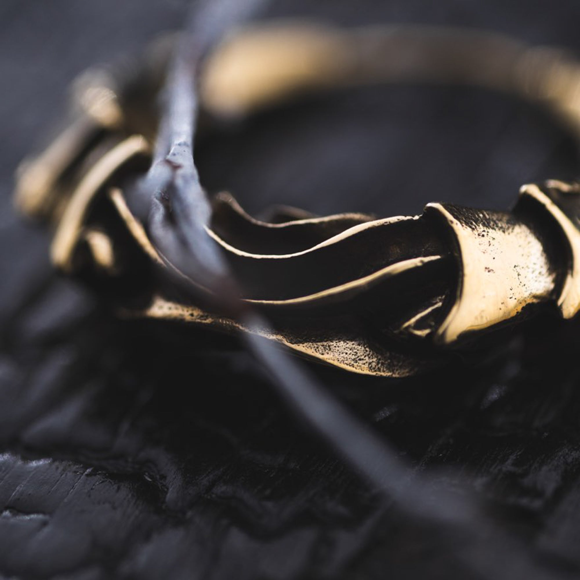 A close-up photo of the PROMETHEUS Small Cyborg Hoop Earrings in Gold by Kaya Movement, showcasing their intricate wavy detailing on a dark surface. A thin, blurred twig extends diagonally across the earrings, adding contrast to the textured background. The overall mood is moody and dramatic, resembling post-apocalyptic body jewelry.
