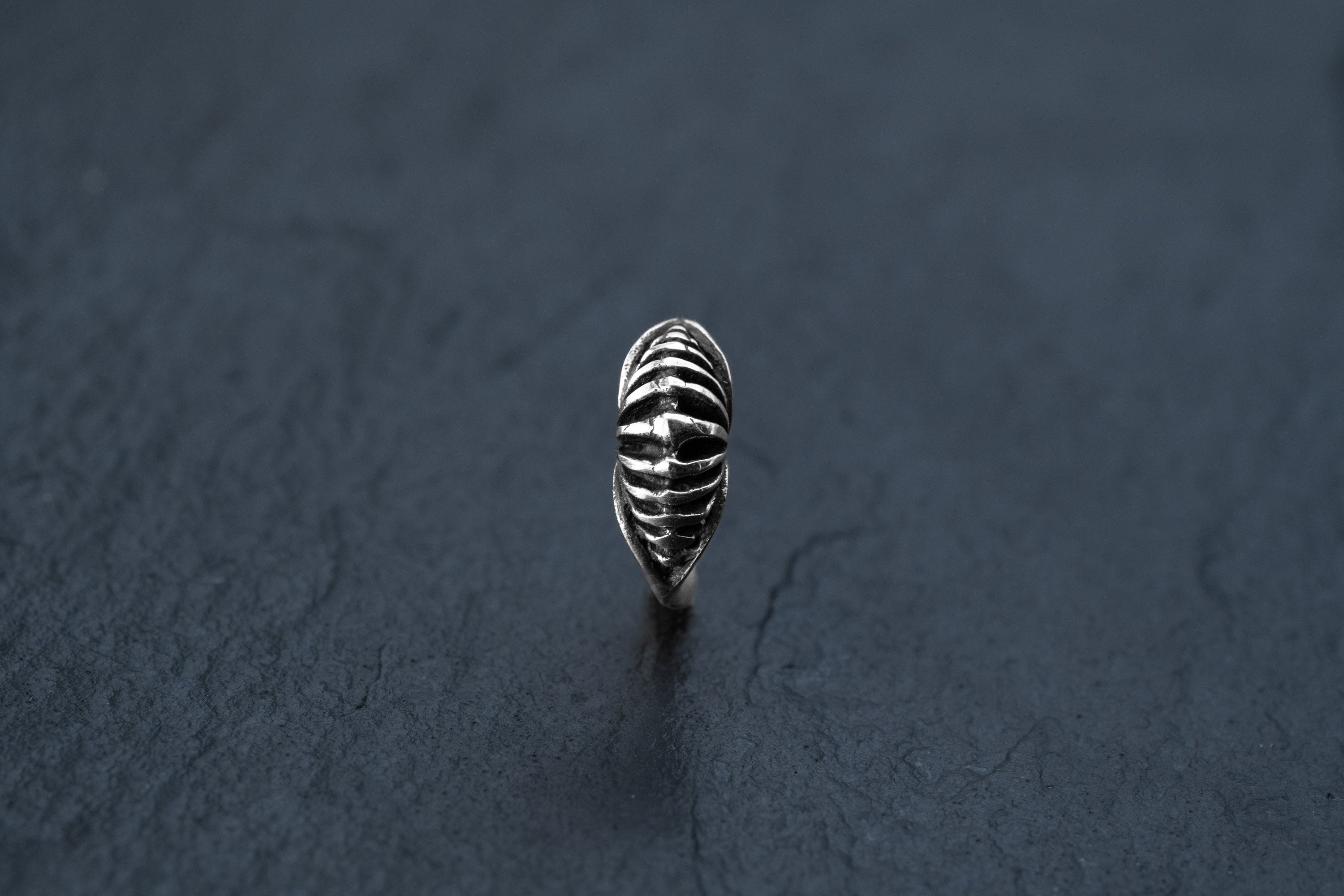 Against a dark grey textured background, the DIARA Biomechanical Clicker Hoop Septum Nose Ring in Silver by Kaya Movement stands upright, showcasing its polished surface and ribbed, leaf-shaped design. Reminiscent of 925 silver hoop body jewelry, its pattern resembles curved lines imitating the veins of a leaf.