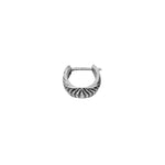 A close-up image of the Darma Biomechanical Clicker Hoop Septum Nose Ring in Silver by Kaya Movement, featuring intricate detailing on the outer surface that resembles a petal or leaf pattern. The 16-gauge nose ring, reminiscent of post-apocalyptic body jewelry, is positioned against a plain white background.