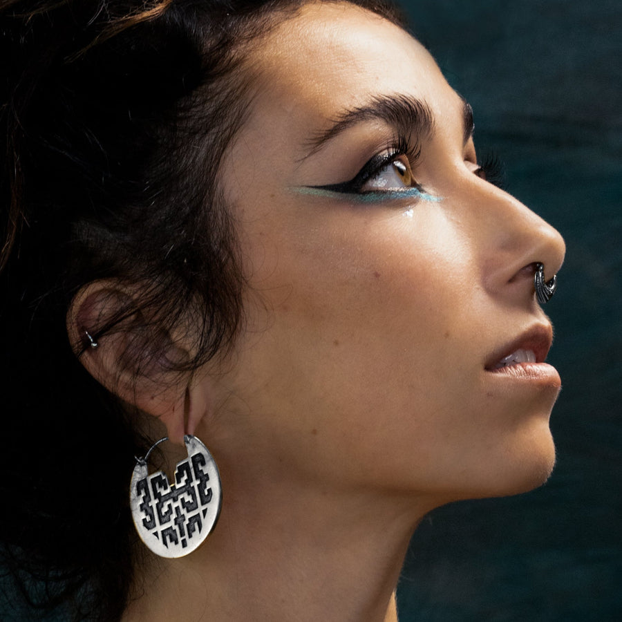 CONIBOS Tribal Shipibo Hoop Boucles d'Oreilles Disque en Argent | calibre 16