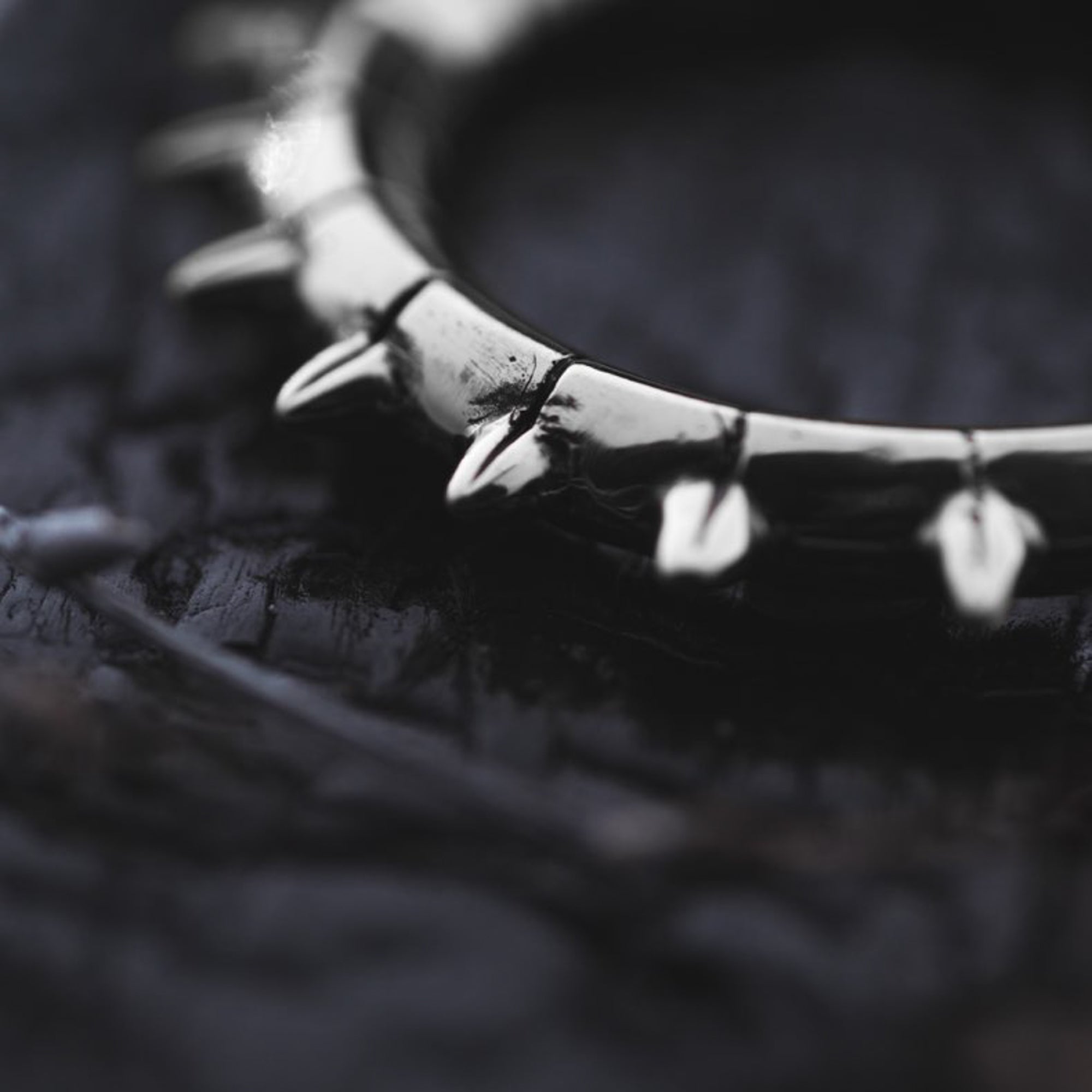 A close-up photo captures the KALASH Medium Spike Hoop Clicker Ear Weights in Silver Brass by Kaya Movement, showcasing its sharp, pointed spikes evenly spaced around the circumference. Resembling tribal punk industrial jewelry, the 4 gauge ring rests on a dark, textured surface, creating a striking contrast between the polished metal and the background.