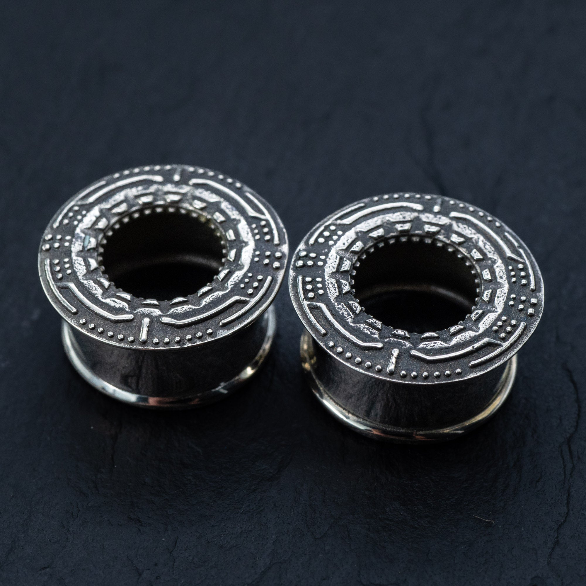 Immerse in the intricate design of Kaya Movement's TERA Futuristic Sci Fi Flesh Tunnels in Silver Brass, exquisitely crafted to feature detailed patterns on a dark, textured backdrop. These unisex ear tunnels boast a central hollow section and raised edges adorned with geometric and dotted designs, blending ornate aesthetics with an industrial edge—ideal for stretched ears. Available in sizes ranging from 8mm to 20mm.