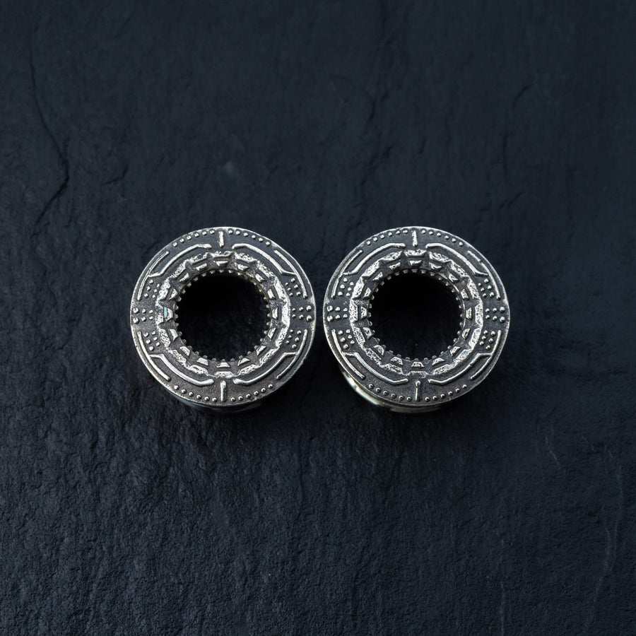 TERA Futuristic Sci Fi Flesh Tunnels in Silver Brass | 8mm to 20mm