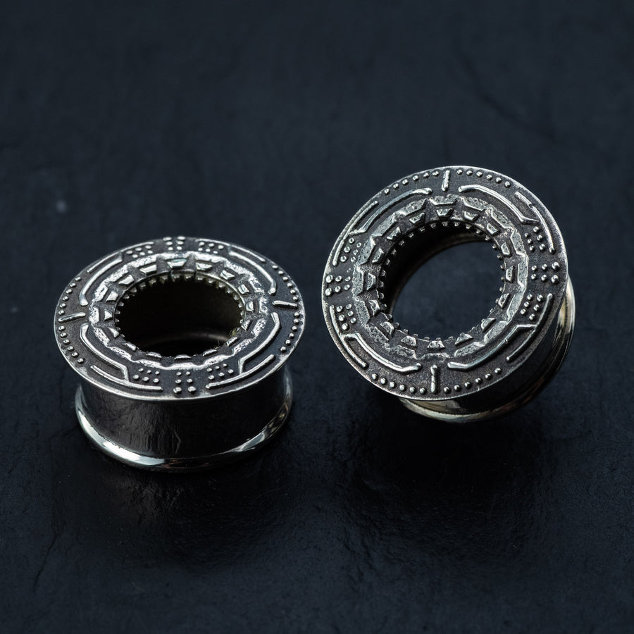 Circuit Ear Tunnel with a detailed cyborg pattern, adding an edgy look to your style. Handcrafted by Kaya Movement.