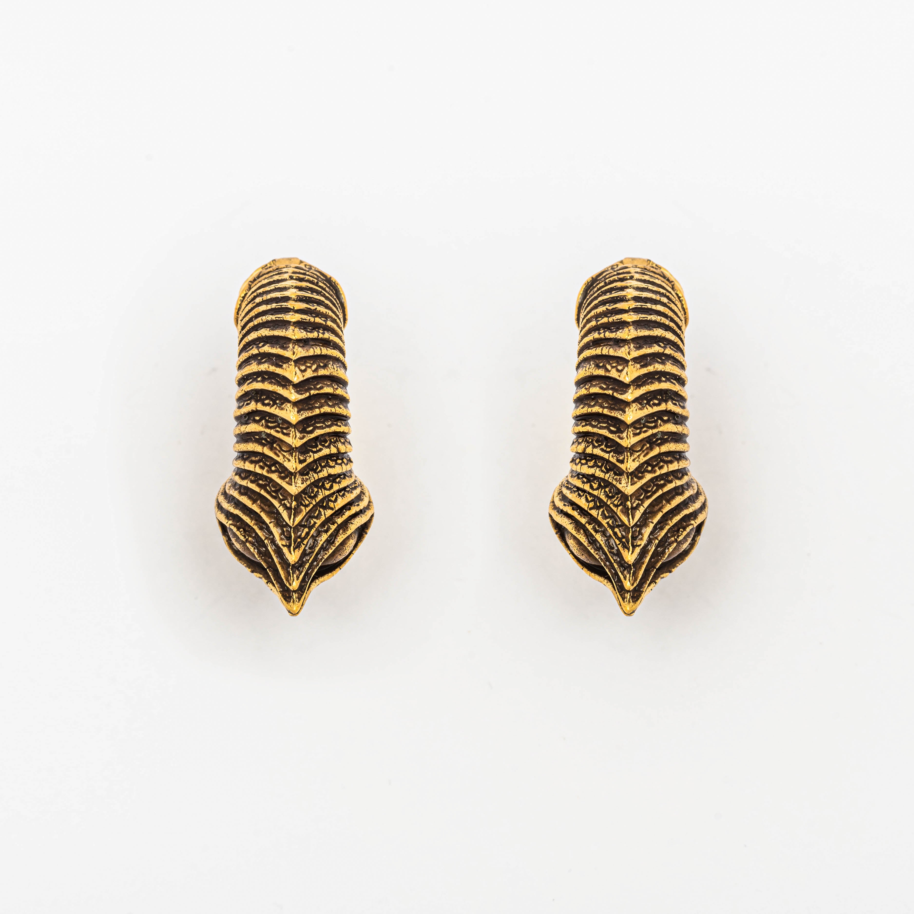 Introducing the MARVDASHT Medium Cyborg Clicker Ear Weights in Gold by Kaya Movement: these meticulously crafted earrings mimic intricate, vertically aligned leaf patterns. The textured surface boasts detailed lines that lend a natural, organic feel, evoking an aesthetic reminiscent of biomechanical teardrop hoop earrings. Perfectly positioned parallel to each other against a plain white background, they are available in a 3/18" gauge.