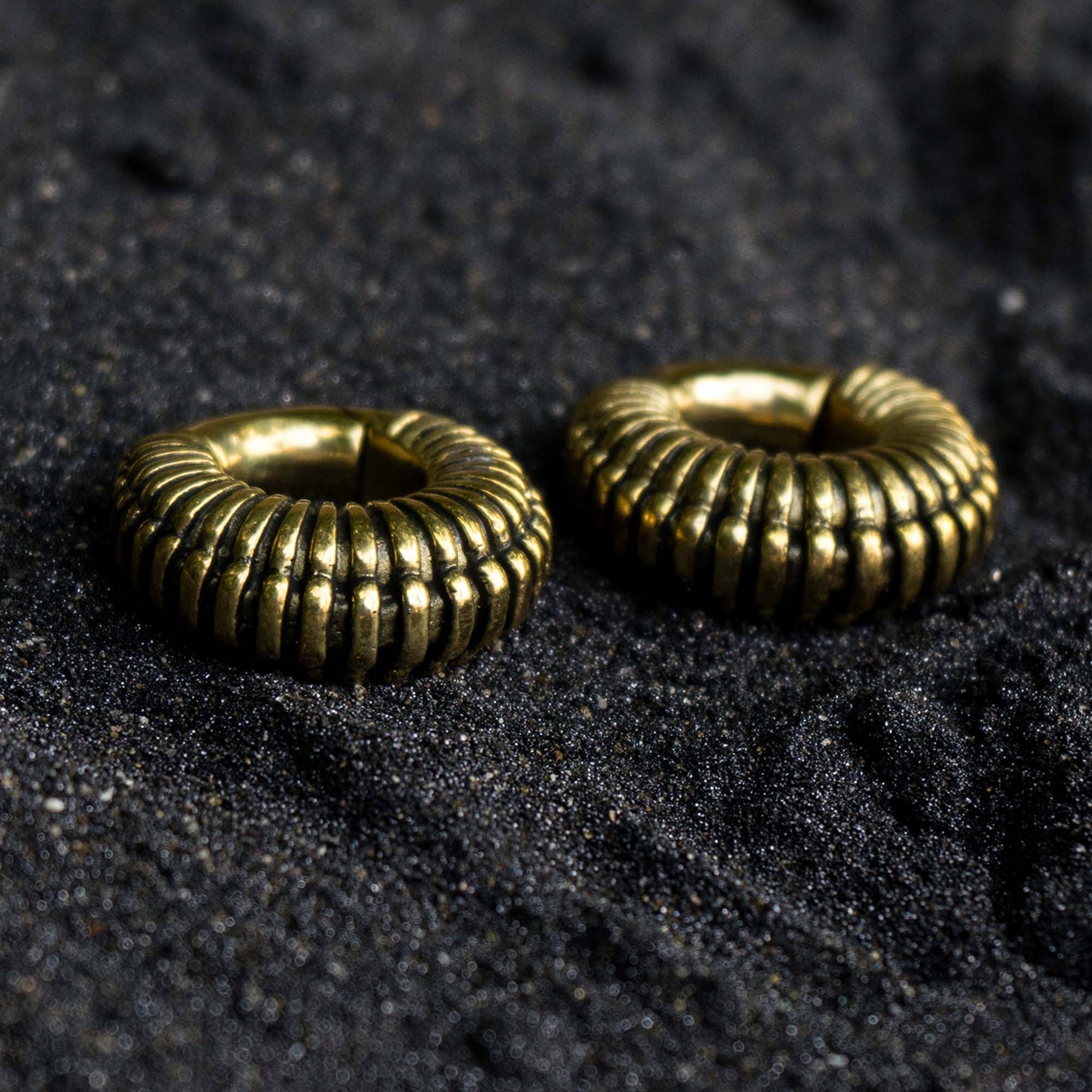 A close-up of the TRILOBITE Small Biomechanical Clicker Ear Weights in Gold Brass by Kaya Movement, resting on a dark, textured surface. The ear weights gleam with a polished finish, and their ribbed design adds a sense of depth and dimension reminiscent of post-apocalyptic body jewelry.